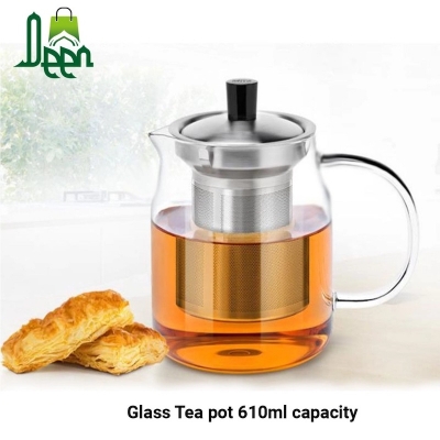 Picture of Heatproof Hand Blown Glass Teapot with Stainless Steel Lid and Tea Strainer, High Quality Water Glass Carafe, Clear Body 610ml capacity-Clear