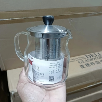 Picture of Heatproof Hand Blown Glass Teapot with Stainless Steel Lid and Tea Strainer, High Quality Water Glass Carafe, Clear Body 610ml capacity-Clear