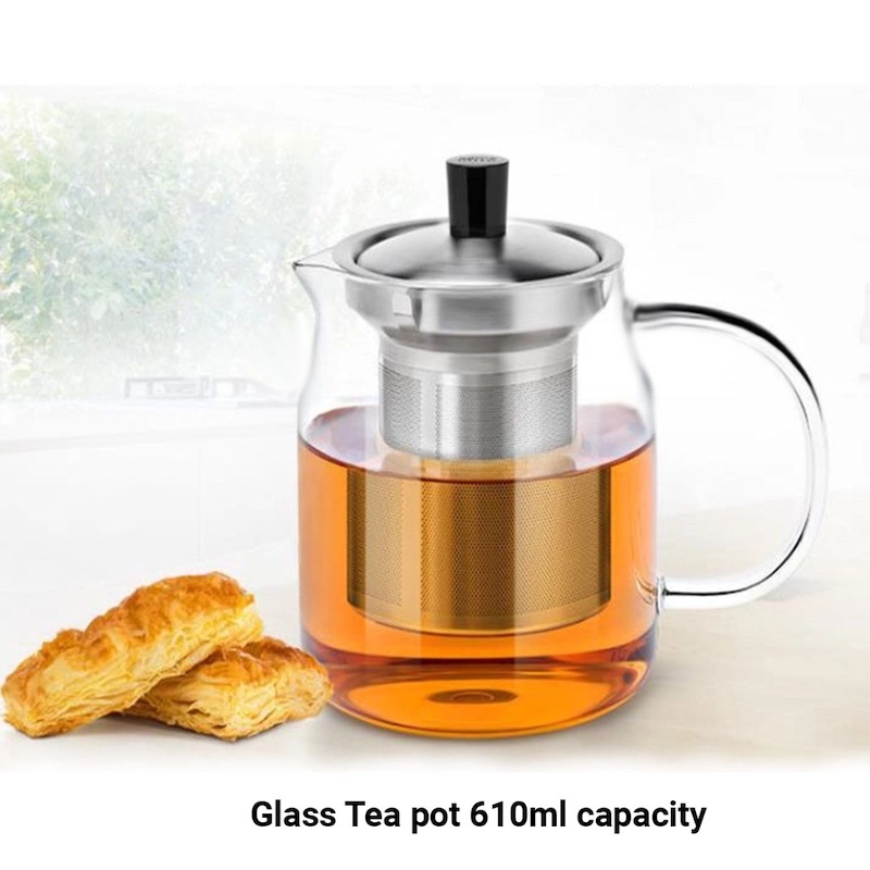 Picture of Heatproof Hand Blown Glass Teapot with Stainless Steel Lid and Tea Strainer, High Quality Water Glass Carafe, Clear Body 610ml capacity-Clear