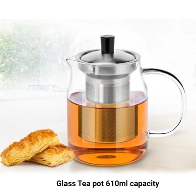 Picture of Heatproof Hand Blown Glass Teapot with Stainless Steel Lid and Tea Strainer, High Quality Water Glass Carafe, Clear Body 610ml capacity-Clear