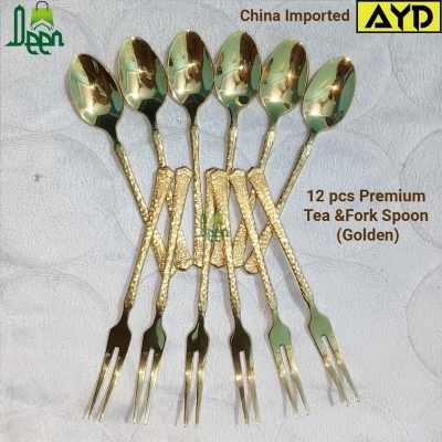 Picture of 12 pcs premium quality Tea spoon & Fork spoon 12 cm long tea spoon and 13 cm long Fork spoon golden spoon , Best tableware Tea Spoon (12 pcs spoon set) -Chopsticks-Gold