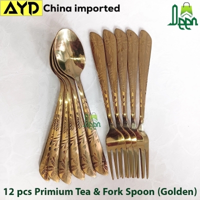 Picture of 12 pcs set ayd Golden color Tea and Fork spoon set for Tableware , golden Fork spoon , 15 cm long Fork spoon golden color AYD golden Fork spoon 6 pcs tea spoon and 6 pcs fork spoon 15 cm long spoon-Gold