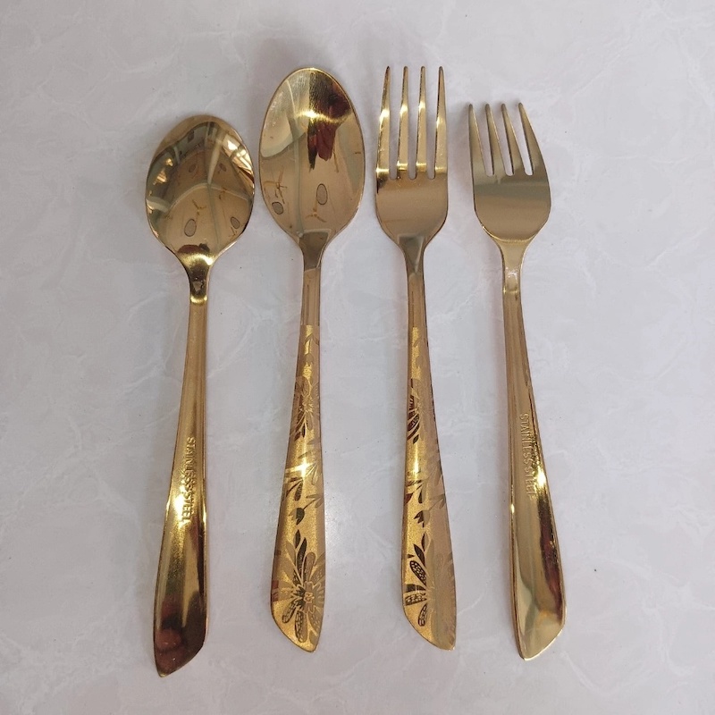 Picture of 12 pcs set ayd Golden color Tea and Fork spoon set for Tableware , golden Fork spoon , 15 cm long Fork spoon golden color AYD golden Fork spoon 6 pcs tea spoon and 6 pcs fork spoon 15 cm long spoon-Gold