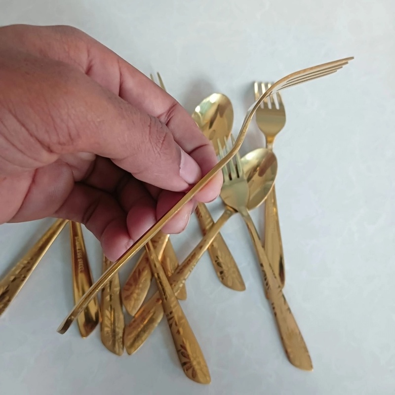 Picture of 12 pcs set ayd Golden color Tea and Fork spoon set for Tableware , golden Fork spoon , 15 cm long Fork spoon golden color AYD golden Fork spoon 6 pcs tea spoon and 6 pcs fork spoon 15 cm long spoon-Gold