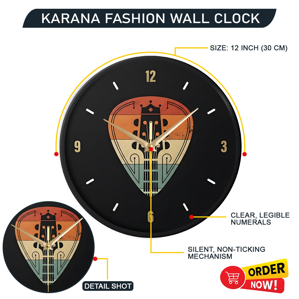 Picture of Karana Fashion (KW04) 12-Inch Vintage Guitar Pick Wall Clock - Retro Music Themed Decor for Home, Studio & Café - Black