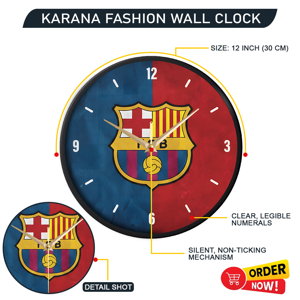 Picture of Karana Fashion (KW06) 12-Inch FC Barcelona Fan Edition Wall Clock - Premium Football Club Themed Décor - Black