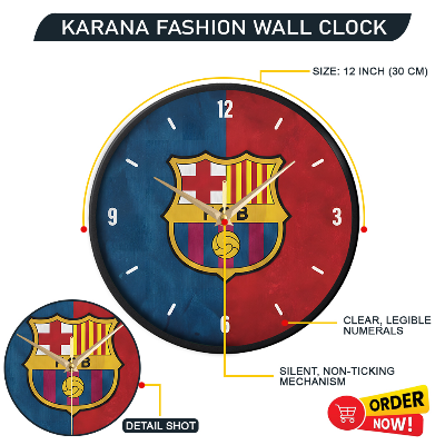 Picture of Karana Fashion (KW06) 12-Inch FC Barcelona Fan Edition Wall Clock - Premium Football Club Themed Décor - Black