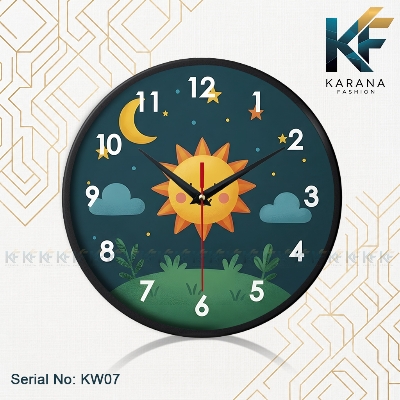 Picture of Karana Fashion (KW07) 12-Inch Cute Sun & Moon Kids Wall Clock - Playful Nursery & Bedroom Décor - Black