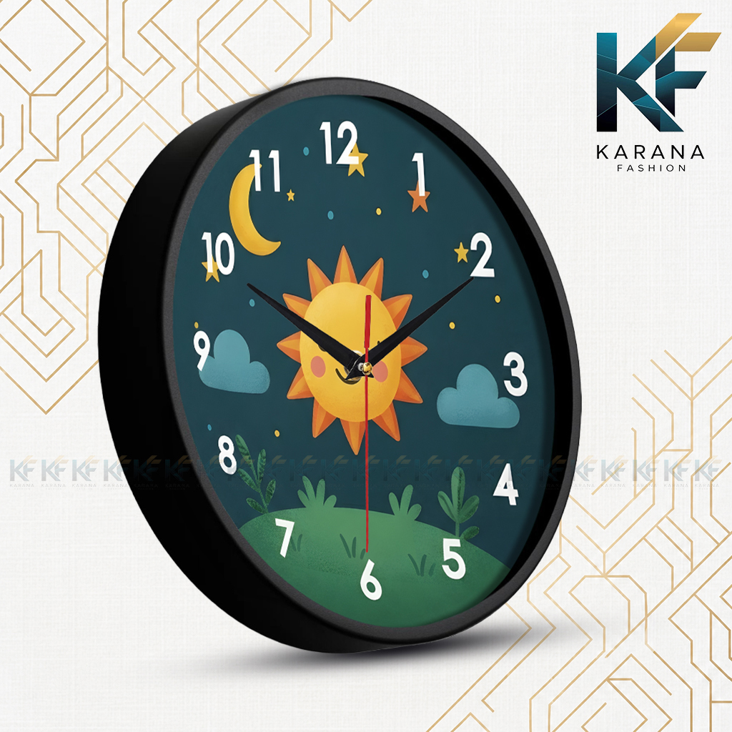 Picture of Karana Fashion (KW07) 12-Inch Cute Sun & Moon Kids Wall Clock - Playful Nursery & Bedroom Décor - Black