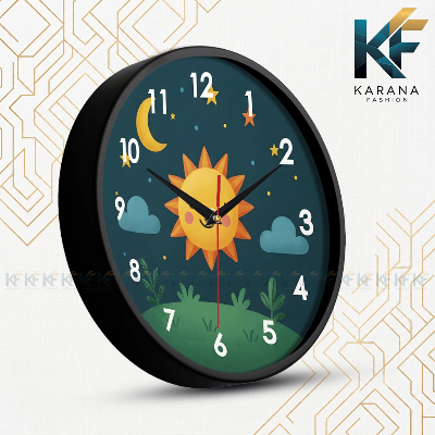 Picture of Karana Fashion (KW07) 12-Inch Cute Sun & Moon Kids Wall Clock - Playful Nursery & Bedroom Décor - Black