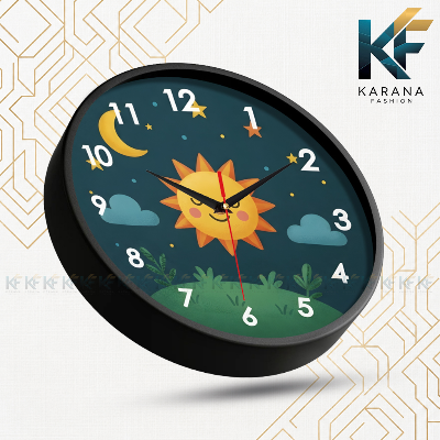 Picture of Karana Fashion (KW07) 12-Inch Cute Sun & Moon Kids Wall Clock - Playful Nursery & Bedroom Décor - Black