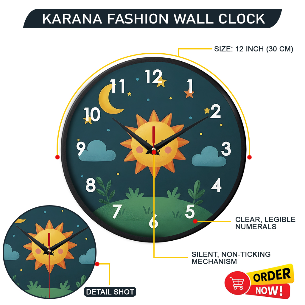 Picture of Karana Fashion (KW07) 12-Inch Cute Sun & Moon Kids Wall Clock - Playful Nursery & Bedroom Décor - Black