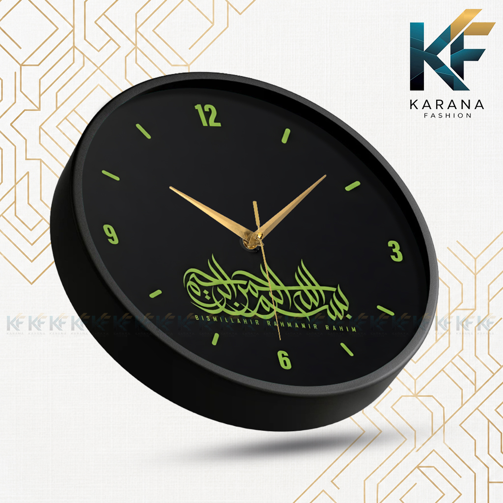 Picture of Karana Fashion (KW08) 12-Inch Bismillah Calligraphy Wall Clock - Modern Black & Lime Green Islamic Décor - Black