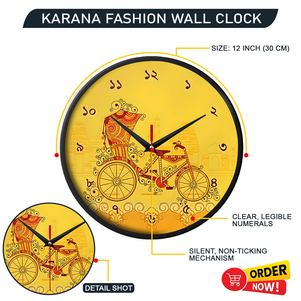 Picture of Karana Fashion (KW09) 12-Inch Rickshaw Art Wall Clock - Traditional Bangladeshi Heritage Décor - Black