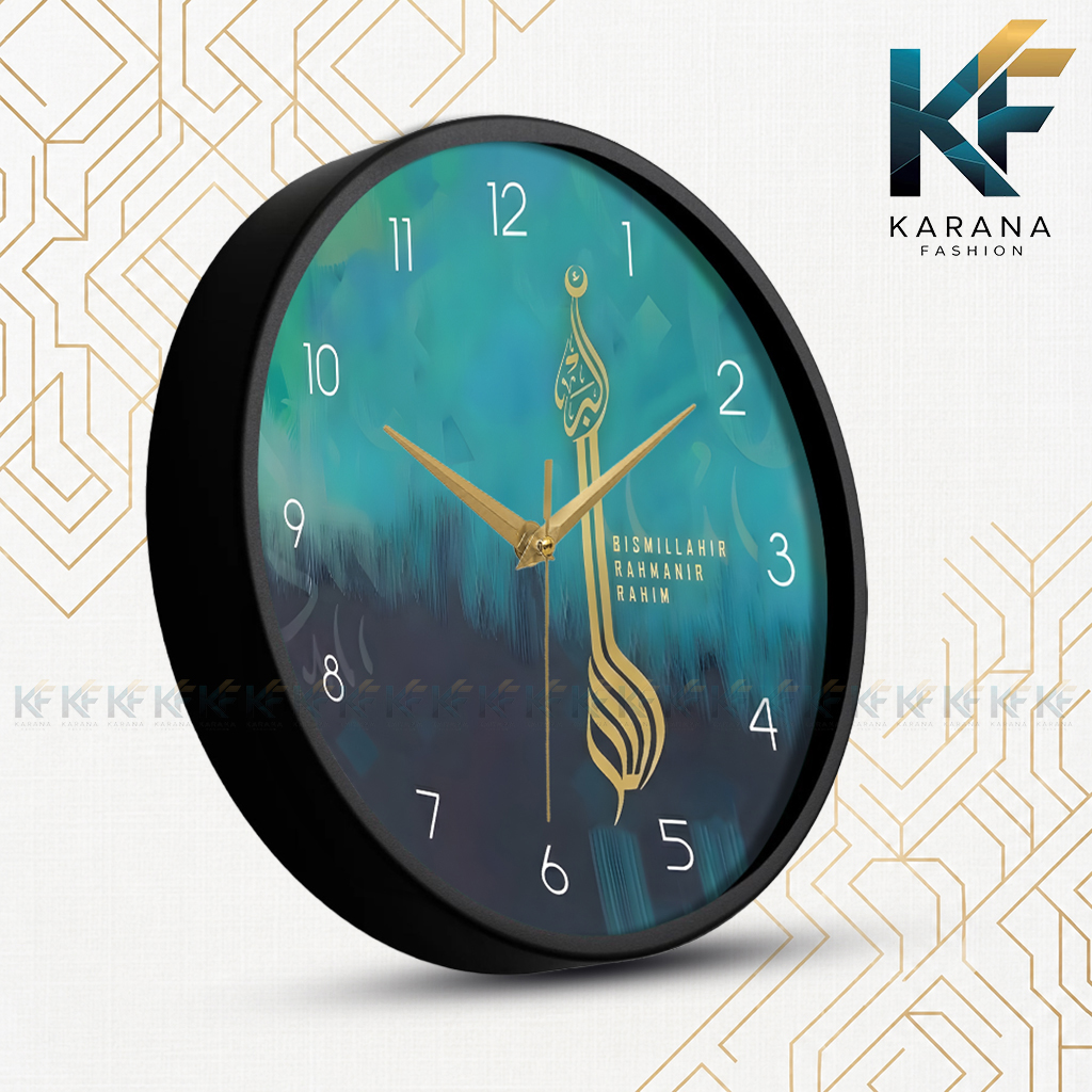 Picture of Karana Fashion (KW12) 12-Inch Bismillah Calligraphy Wall Clock - Artistic Teal & Navy Islamic Home Décor - Black