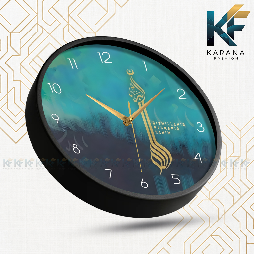 Picture of Karana Fashion (KW12) 12-Inch Bismillah Calligraphy Wall Clock - Artistic Teal & Navy Islamic Home Décor - Black