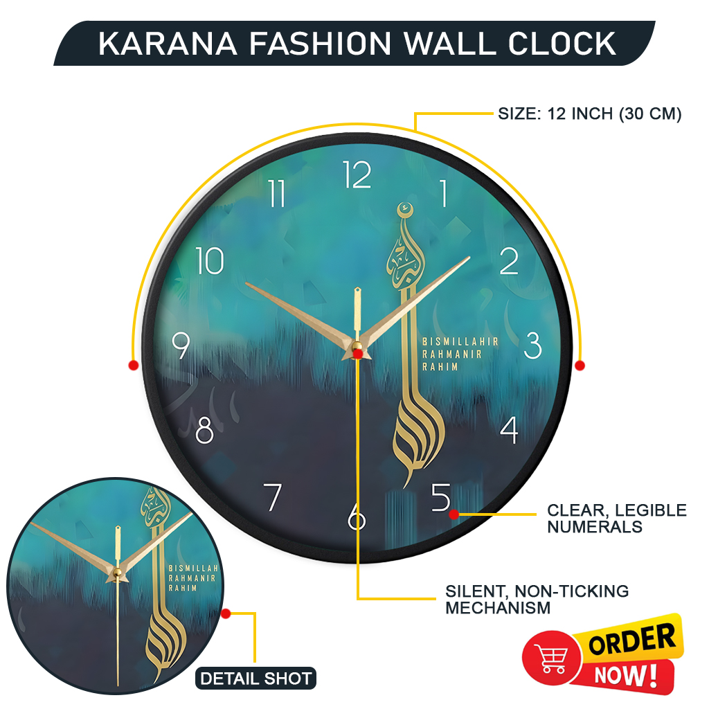 Picture of Karana Fashion (KW12) 12-Inch Bismillah Calligraphy Wall Clock - Artistic Teal & Navy Islamic Home Décor - Black