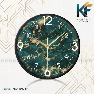 Picture of Karana Fashion (KW13) 12-Inch Luxury Green Marble & Gold Wall Clock - Premium Emerald Stone Effect Décor - Black