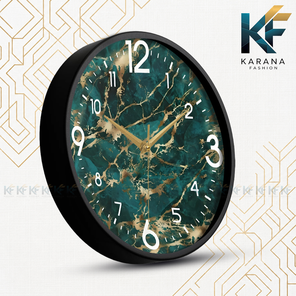 Picture of Karana Fashion (KW13) 12-Inch Luxury Green Marble & Gold Wall Clock - Premium Emerald Stone Effect Décor - Black
