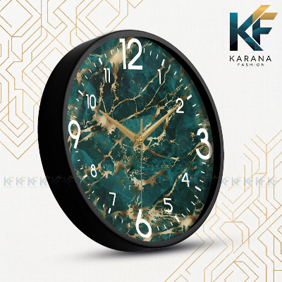 Picture of Karana Fashion (KW13) 12-Inch Luxury Green Marble & Gold Wall Clock - Premium Emerald Stone Effect Décor - Black