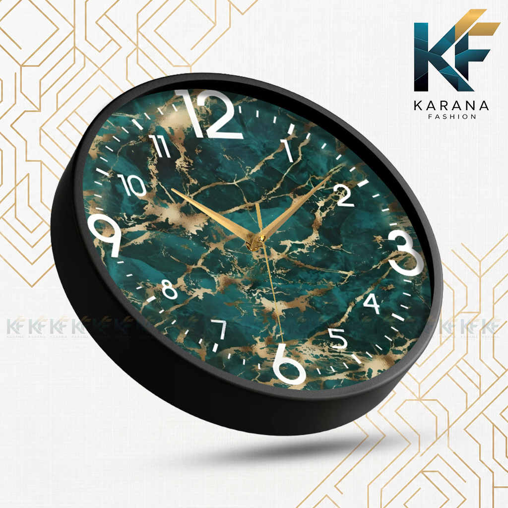 Picture of Karana Fashion (KW13) 12-Inch Luxury Green Marble & Gold Wall Clock - Premium Emerald Stone Effect Décor - Black