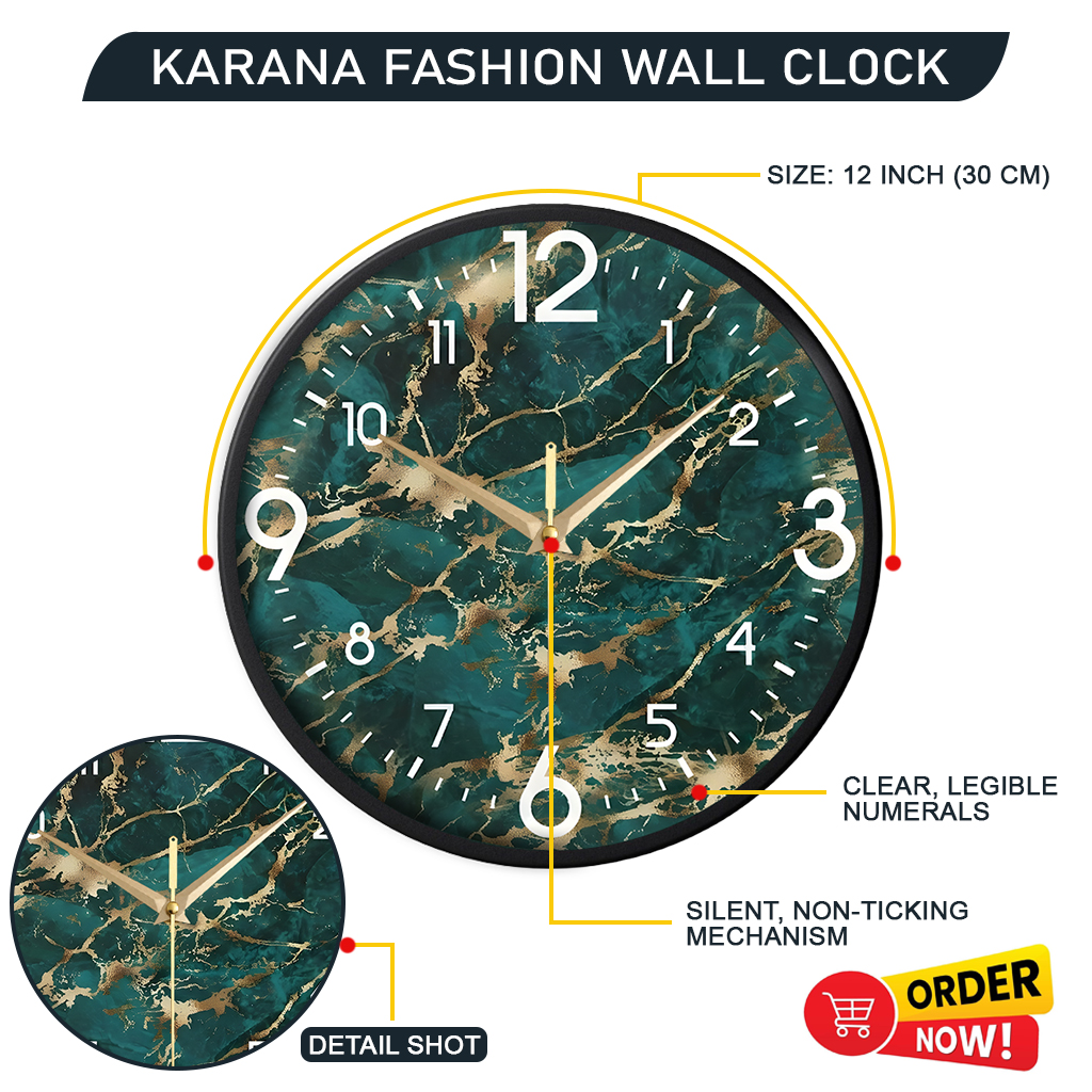 Picture of Karana Fashion (KW13) 12-Inch Luxury Green Marble & Gold Wall Clock - Premium Emerald Stone Effect Décor - Black