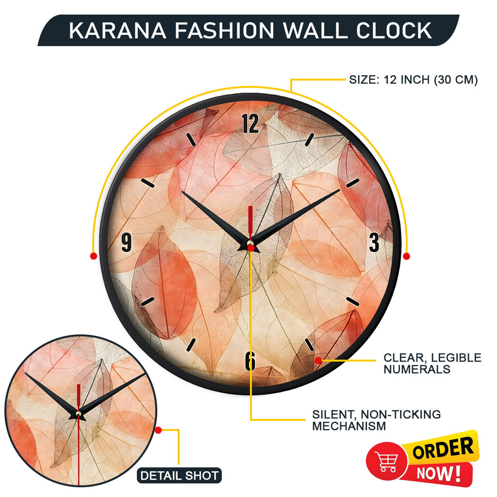 Picture of Karana Fashion (KW15) 12-Inch Autumn Leaves Wall Clock - Warm Skeleton Leaf Aesthetic Home Décor - Black