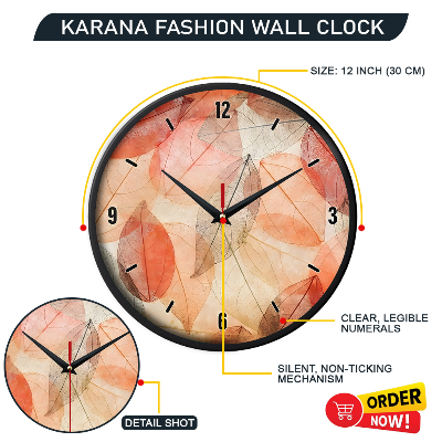 Picture of Karana Fashion (KW15) 12-Inch Autumn Leaves Wall Clock - Warm Skeleton Leaf Aesthetic Home Décor - Black