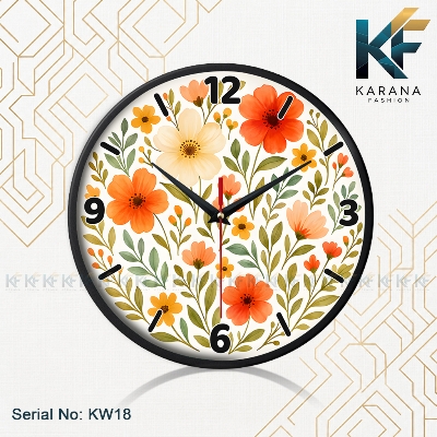 Picture of Karana Fashion (KW18) 12-Inch Blooming Floral Wall Clock - Elegant Orange & Cream Botanical Home Décor - Black