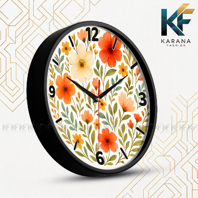 Picture of Karana Fashion (KW18) 12-Inch Blooming Floral Wall Clock - Elegant Orange & Cream Botanical Home Décor - Black