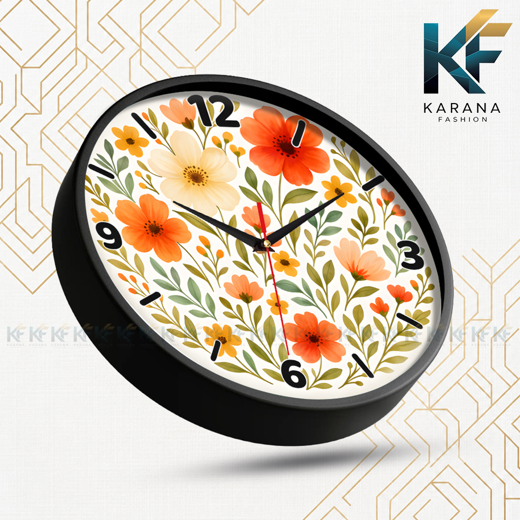 Picture of Karana Fashion (KW18) 12-Inch Blooming Floral Wall Clock - Elegant Orange & Cream Botanical Home Décor - Black