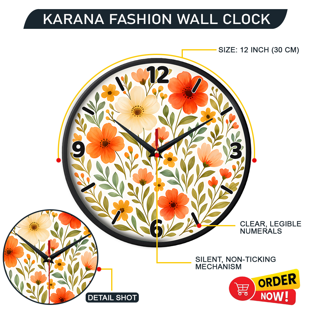 Picture of Karana Fashion (KW18) 12-Inch Blooming Floral Wall Clock - Elegant Orange & Cream Botanical Home Décor - Black