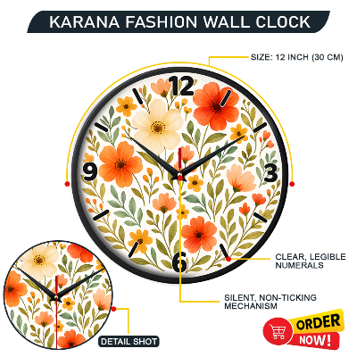 Picture of Karana Fashion (KW18) 12-Inch Blooming Floral Wall Clock - Elegant Orange & Cream Botanical Home Décor - Black