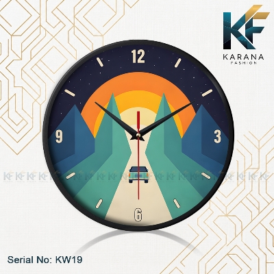 Picture of Karana Fashion (KW19) 12-Inch Sunset Road Trip Wall Clock - Creative Minimalist Mountain Landscape Décor - Black
