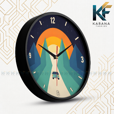 Picture of Karana Fashion (KW19) 12-Inch Sunset Road Trip Wall Clock - Creative Minimalist Mountain Landscape Décor - Black