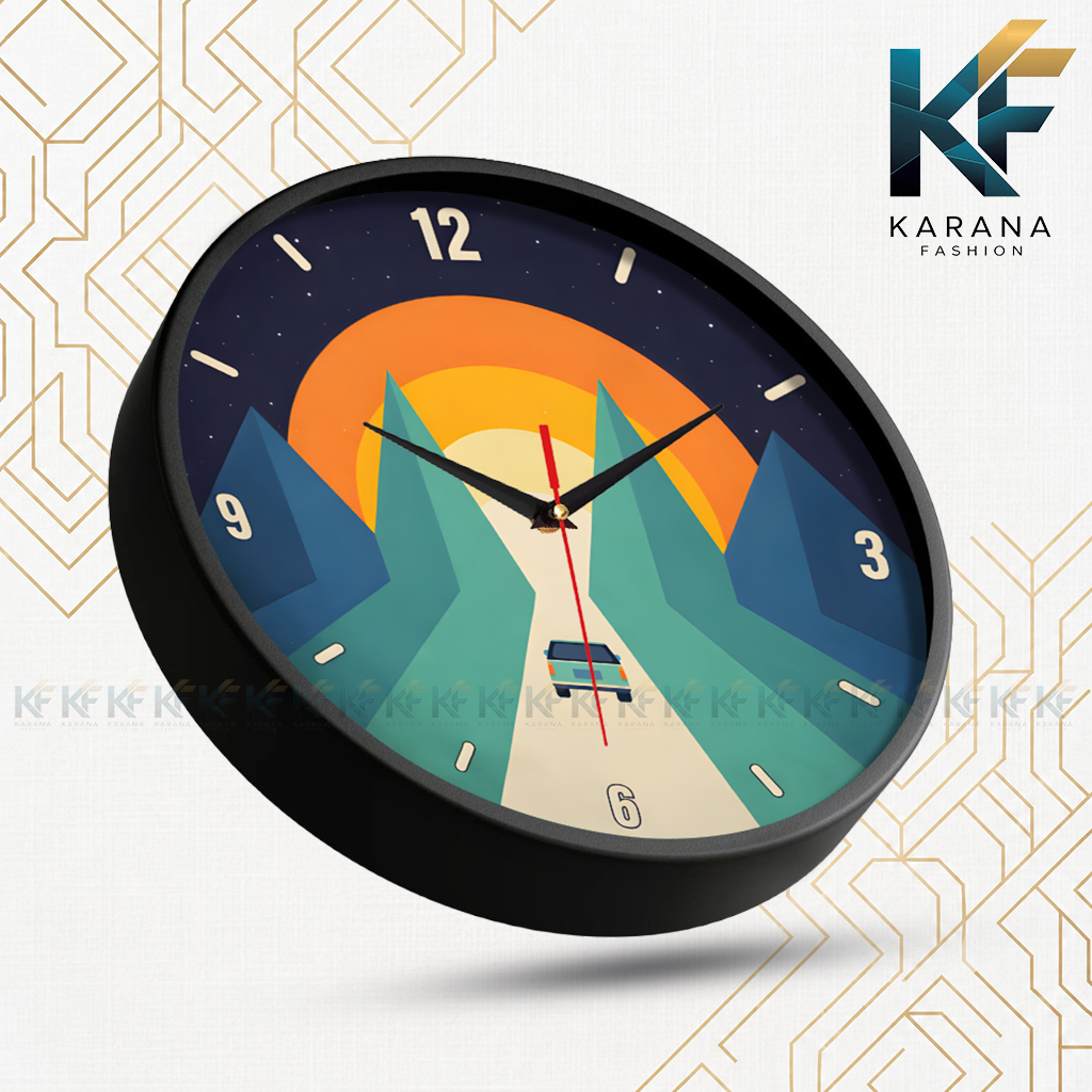 Picture of Karana Fashion (KW19) 12-Inch Sunset Road Trip Wall Clock - Creative Minimalist Mountain Landscape Décor - Black