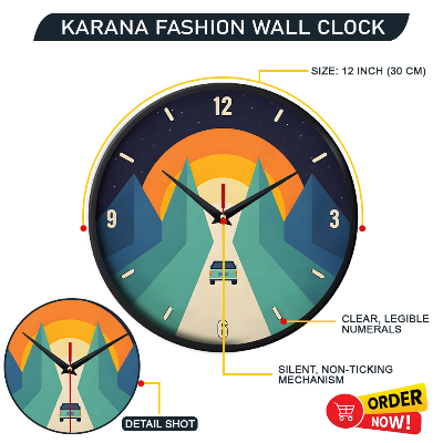 Picture of Karana Fashion (KW19) 12-Inch Sunset Road Trip Wall Clock - Creative Minimalist Mountain Landscape Décor - Black