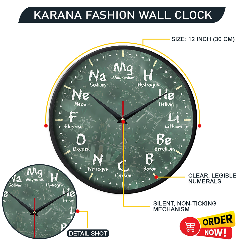 Picture of Karana Fashion (KW21) 12-Inch Periodic Table Science Wall Clock - Educational Chemistry Decor for Classrooms & Labs - Black