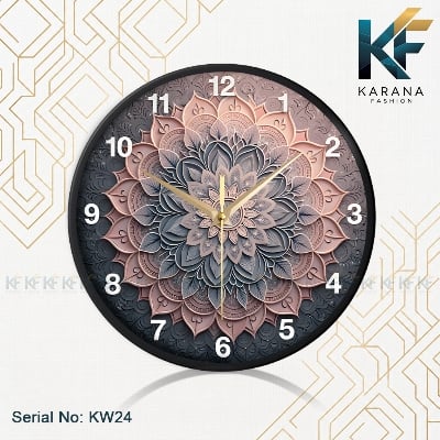 Picture of Karana Fashion (KW24) 12-Inch 3D Mandala Art Wall Clock - Elegant Dusty Rose & Slate Grey Geometric Décor - Black