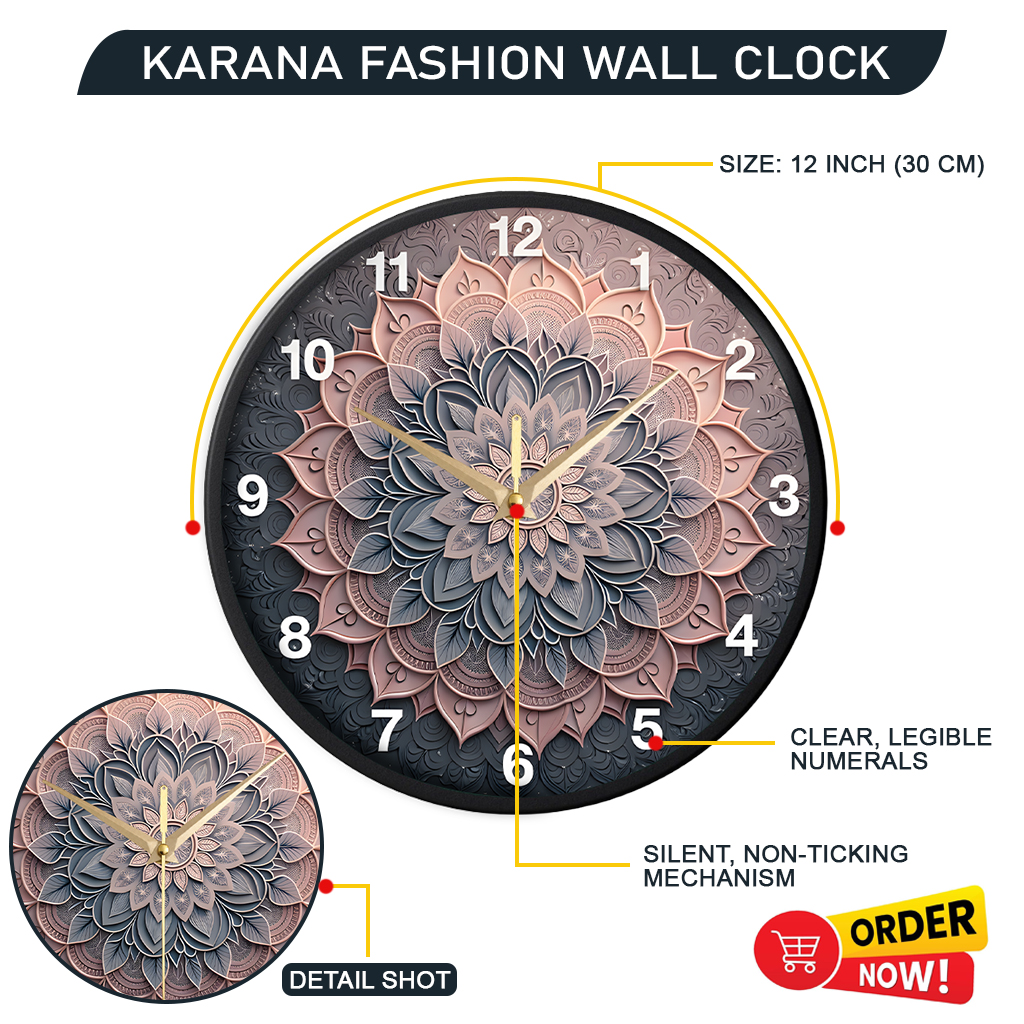 Picture of Karana Fashion (KW24) 12-Inch 3D Mandala Art Wall Clock - Elegant Dusty Rose & Slate Grey Geometric Décor - Black