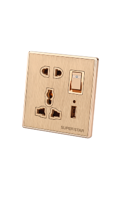 Picture of Super Star Glamour 13A 5 Pin 1 USB Port Multi Function Combined Socket with Switch 5Pin Electrical Wall Outlet - Gold