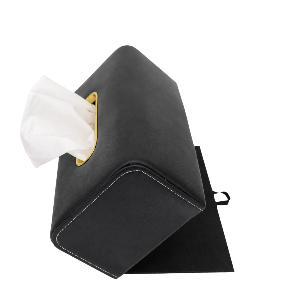 Picture of PU Leather Tissue Box Cover with Golden Metal Accent | Luxury Tissue Holder for Home & Office-Black