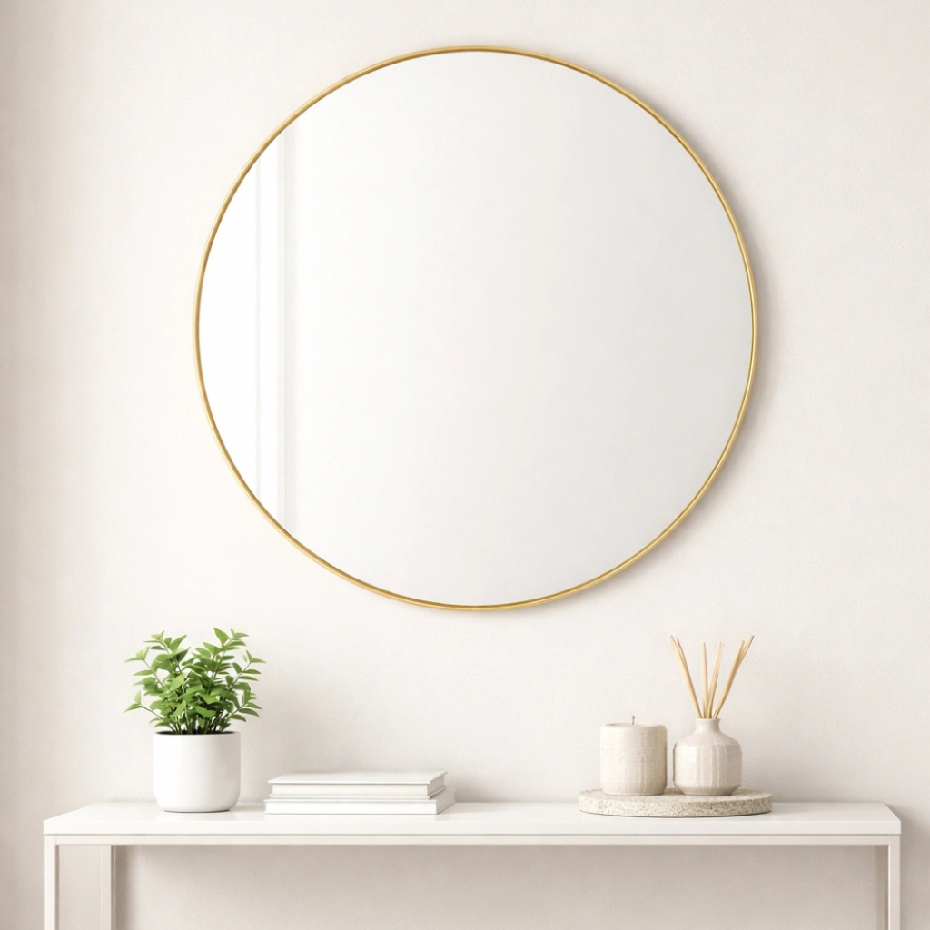 Picture of Fluid Mirror 15′ Crystal Round Bathroom Mirror Golden Border for Over Sink, Decorative Circle Mirrors for Living Room, Bedroom-Gold