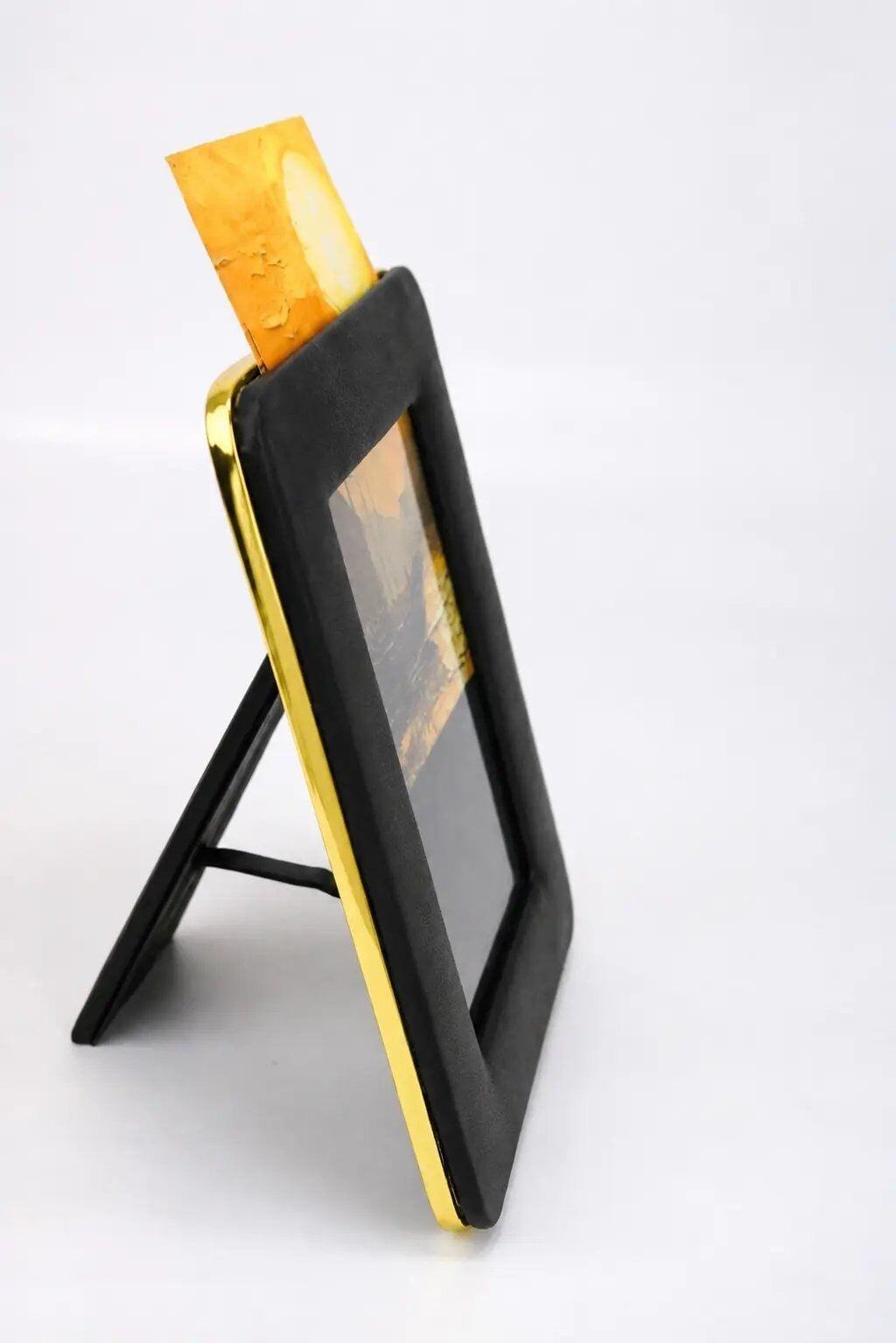 Picture of Luxury PU Leather Photo Frame with Golden Metal Border | Premium Tabletop Picture Frame for Home & Office Decor-Black