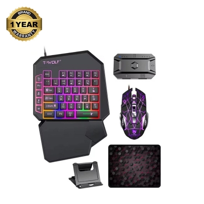 Picture of T-WOLF TF950 5 In 1 Black Wired Keyboard, Mouse, Mouse pad, Converter & Phone Holder Gaming Combo