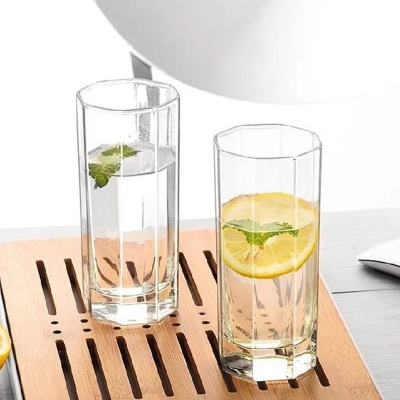 Picture of Everyday Use good quality strong crystal clear unique design Heavy 350 Ml Drinking Water  8 Angle glass set 6 piece-White