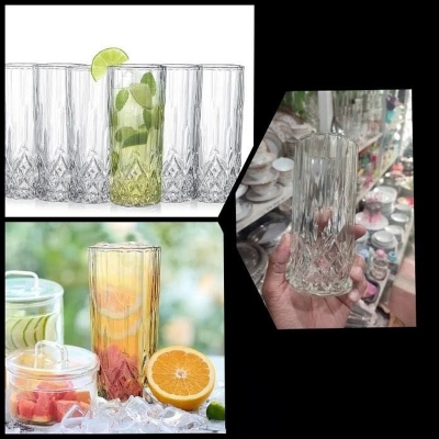 Picture of Everyday Use good quality strong crystal clear unique design Heavy 350 Ml Drinking Water glass set 6 pcs-White