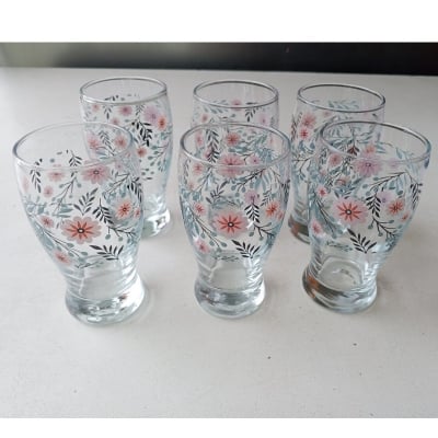 Picture of Everyday Use good quality  Printed Water Drinking Shorbot  Coke Juice, Lassie  Glass Set 6 Piece-White