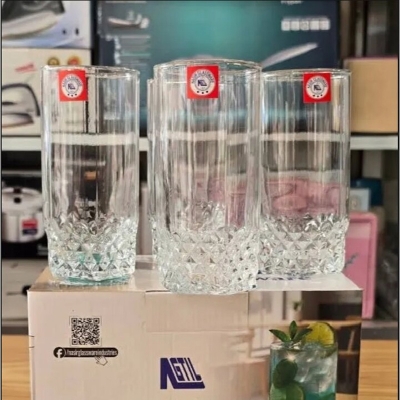 Picture of Everyday Use good quality strong  Crystal Clear transparent Beautiful unique design Water /Drinking /Coke / Sorbat/Milk/ Lassi/ premium glass Set 6 Pieces per  capacity 300Ml-White