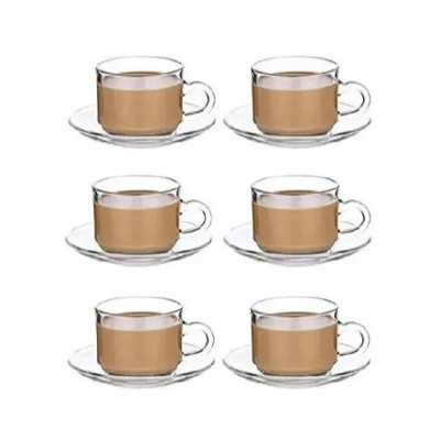Picture of Everyday Use good quality Strong unique design Heavy Crystal clear 150 Ml Cup Price Set (Saucers 6Piece Cup 6 Pieces) Total 12 pieces-Multicolor